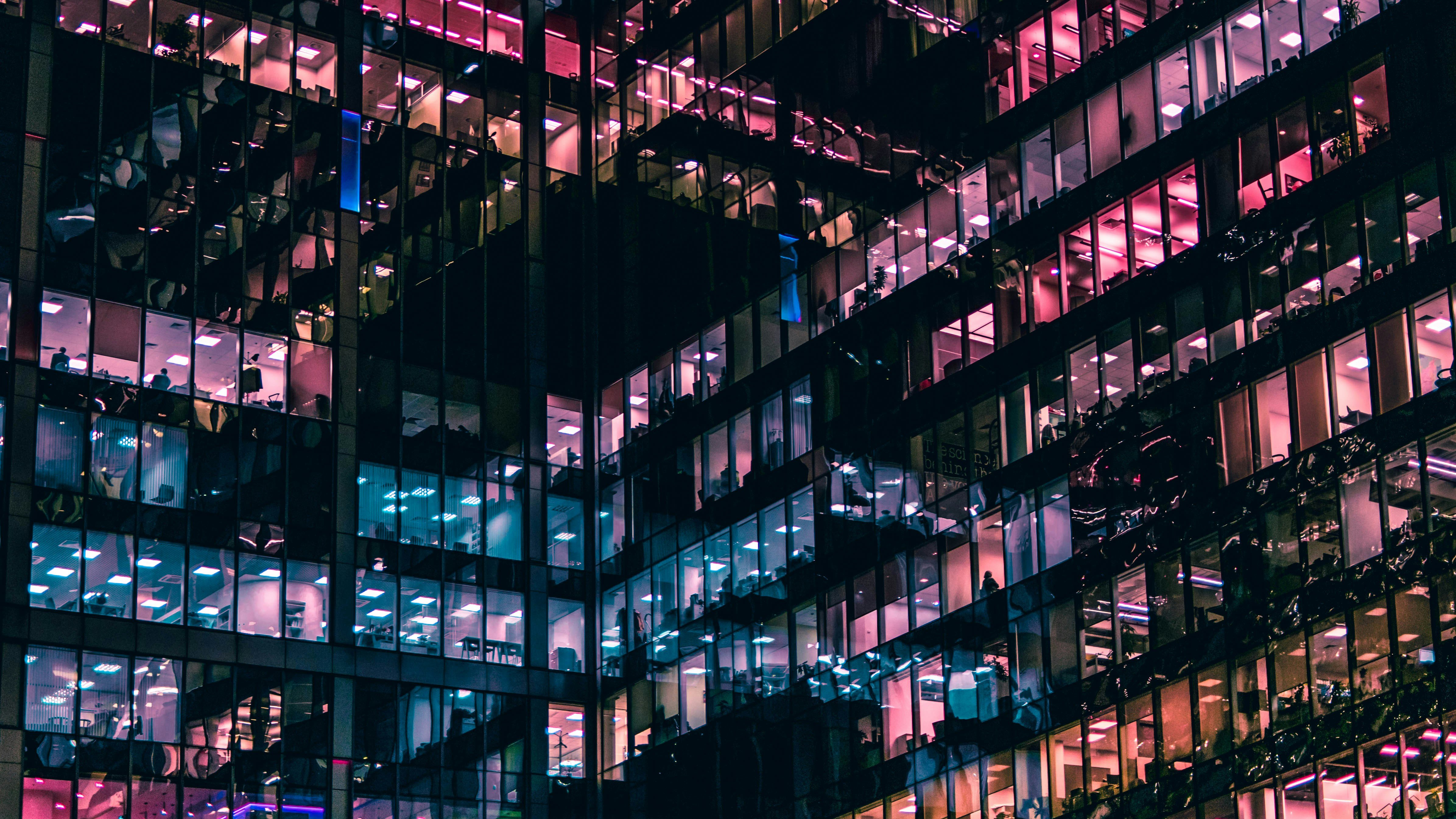 After-Hours Insight: Data-Lit Offices in a Modern City Tower